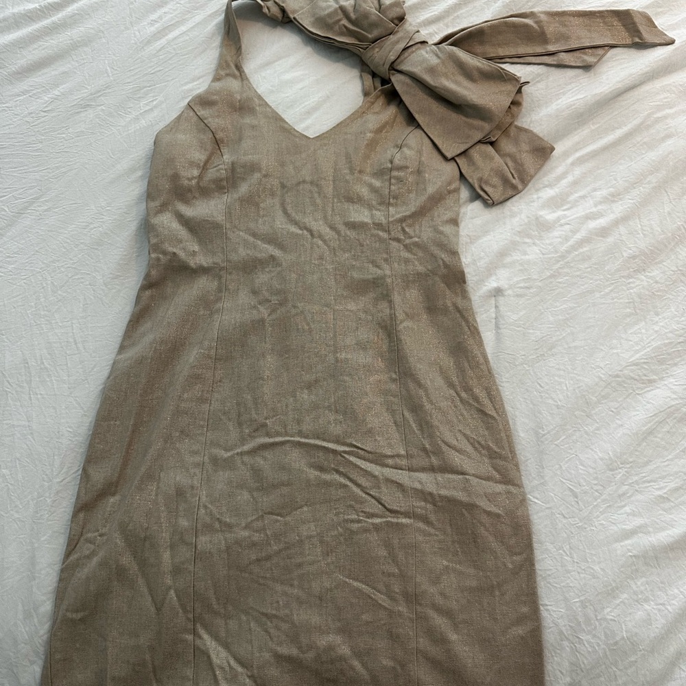 Judith March One Shoulder Tan Dress with Bow